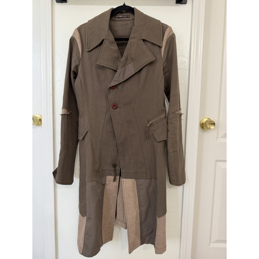 Hazel Women's Trench Coat  Brown & Tan Patchwork Button Pockets Boho Grunge M‎
